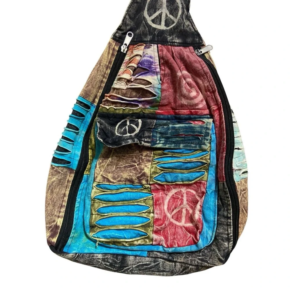 Rising International Boho Sling Backpack Bag Patchwork Peace Sign Hippie Fe boho